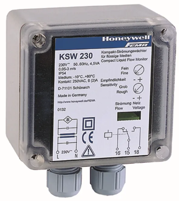 Honeywell KSW230 - Electronic fluid flow switch compact version - 0.05...3m/s - 230VAC - 45mm - IP65