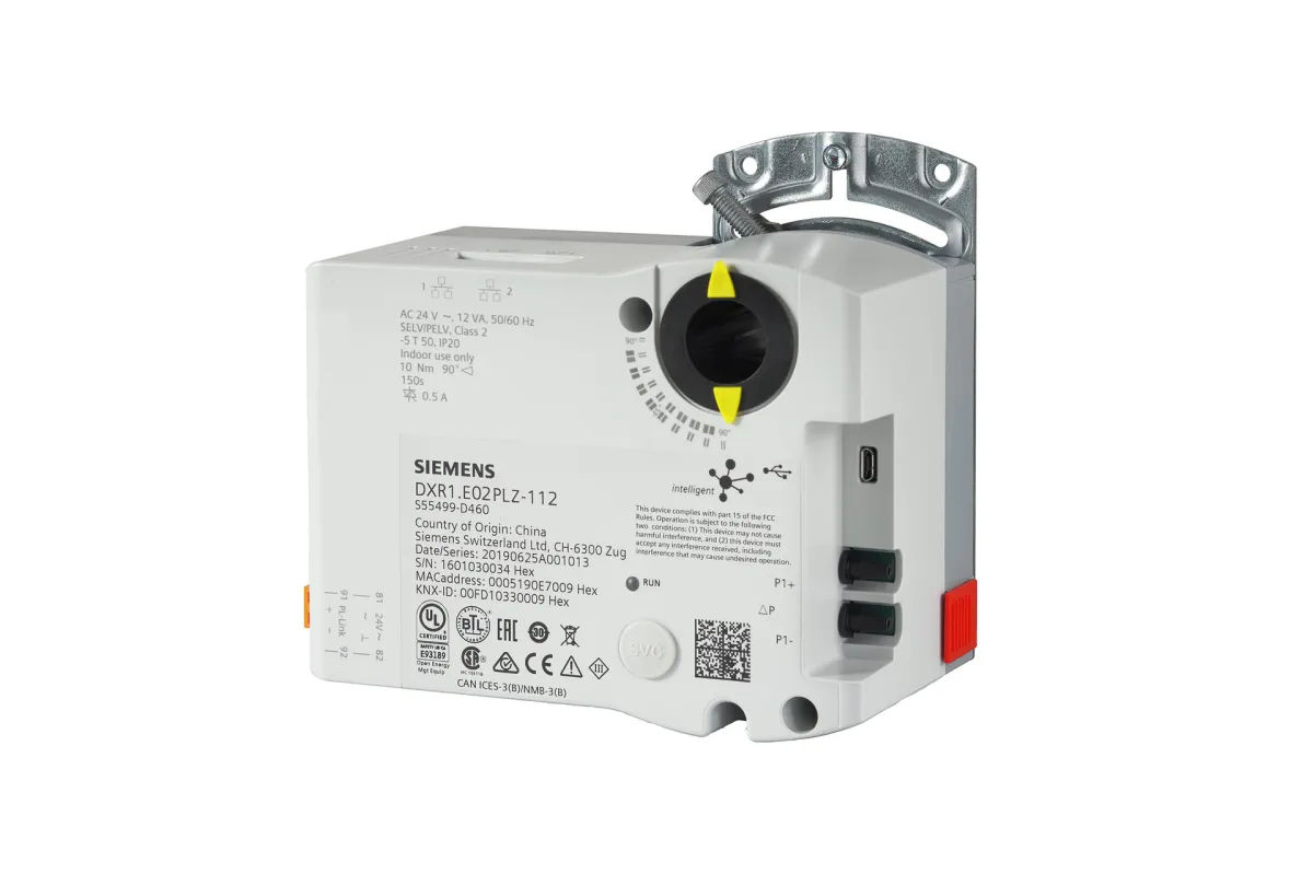 Siemens DXR1.E02PLZ-112 - Combinaison compacte et configurable de station d'automatisation de salle et d'actionneur, BACnet/IP, 24 V, capteur de pression, VAV011 (VAV012)