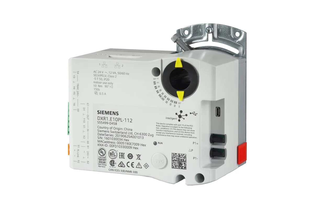 Siemens DXR1.E10PL-112 - Régulateur terminal compacte et configurable BACnet/IP, 24 V, 1 DI, 2 UI, 1 AO, 4 triac, capteur de pression, VAV045