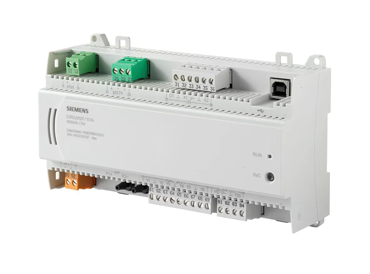 Siemens DXR2.M12P-102A - Régulateur terminal BACnet MS-TP, VAV, capteur de pression, DIN, 1 DI, 2 UI, 2 AO, 6 triac, 30 data points