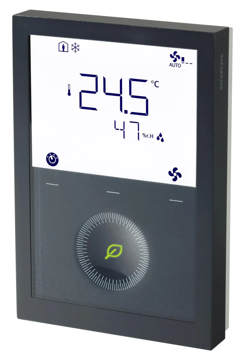Siemens RDG200KN/BK - Thermostat de pièce communicant en KNX. Sorties de régulation modulantes (Chrono-proportionnelles ou 3-points) ou Tout-ou-Rien; Ventilateur (3-vitesses ou 0/10V DC) ou applications universelles, noir