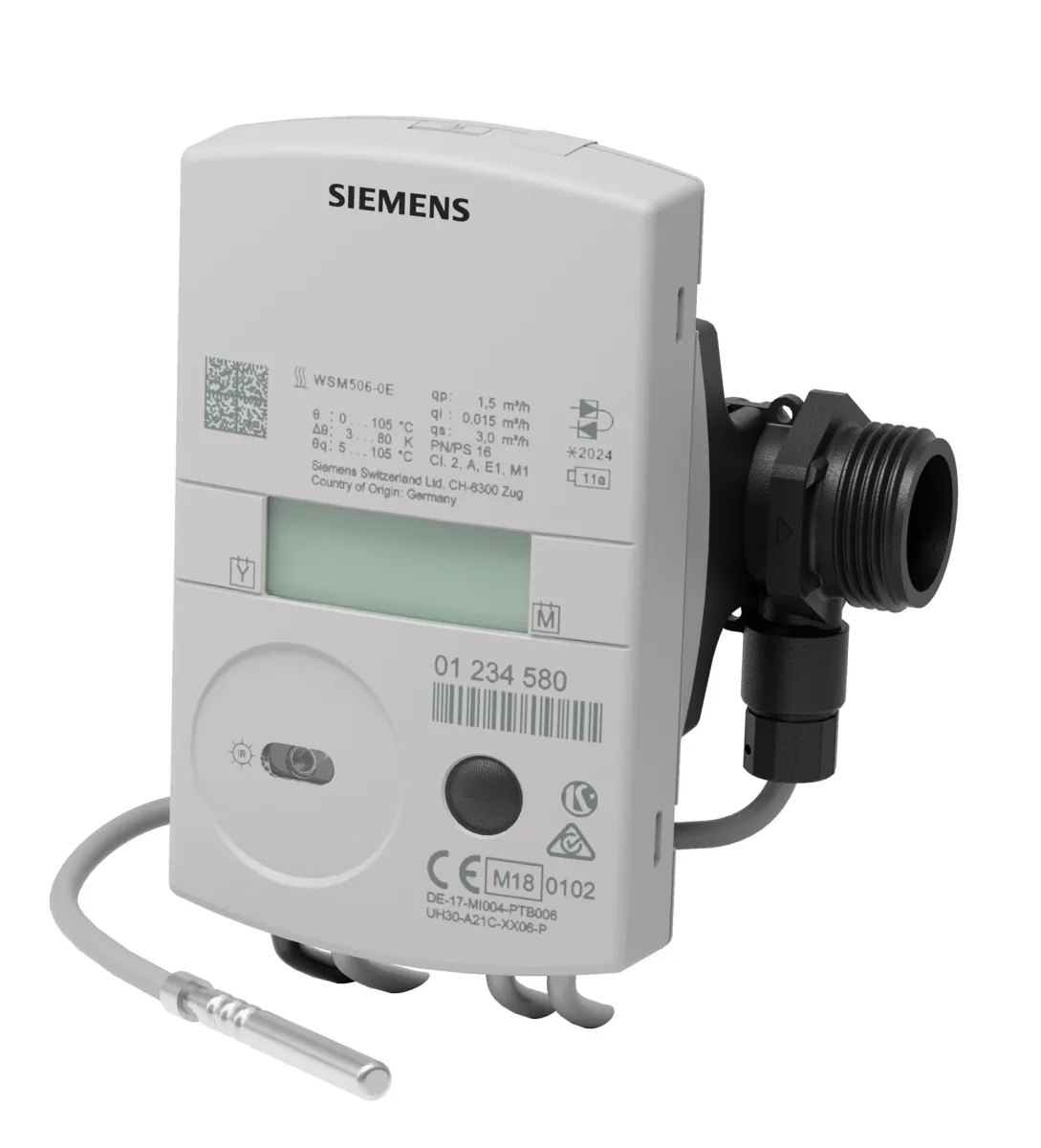 Energy meters - Siemens WSN525-BE - Ultrasonic thermal/cooling energy meter, flow rate Qp = 2.5 m³/h, wall-mounted, installation length 130 mm, connection thread G 1", sensor Ø 5.2 x 45 mm, M-Bus communication, battery life 11 years